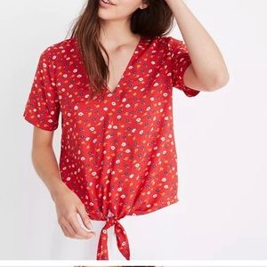 Madewell drapey red floral tie front blouse
